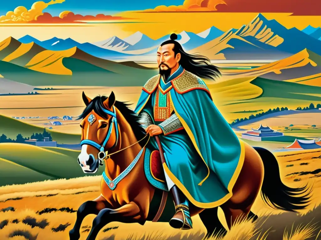 La pintura detallada de Genghis Khan muestra su legado destructor unificador en la majestuosa estepa mongola al atardecer