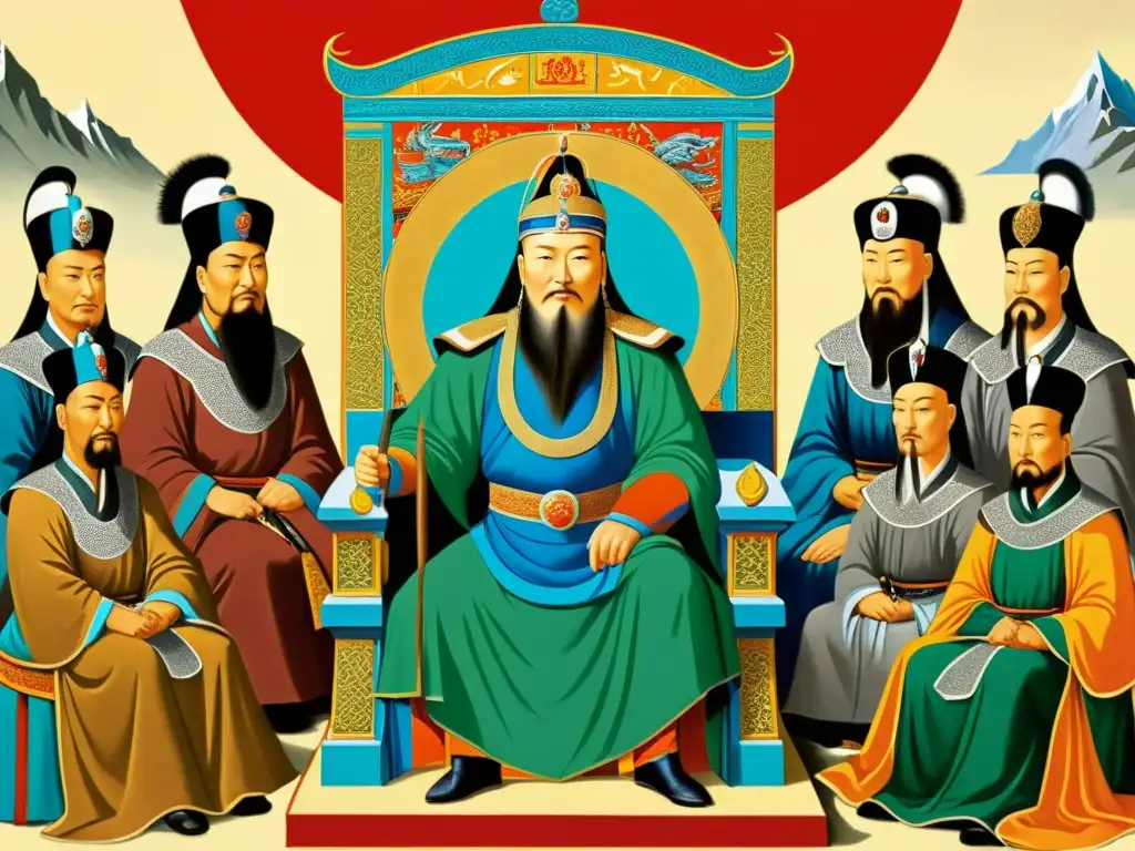 Una pintura detallada de Genghis Khan en su trono, rodeado de generales y asesores, con el vasto Imperio Mongol detrás