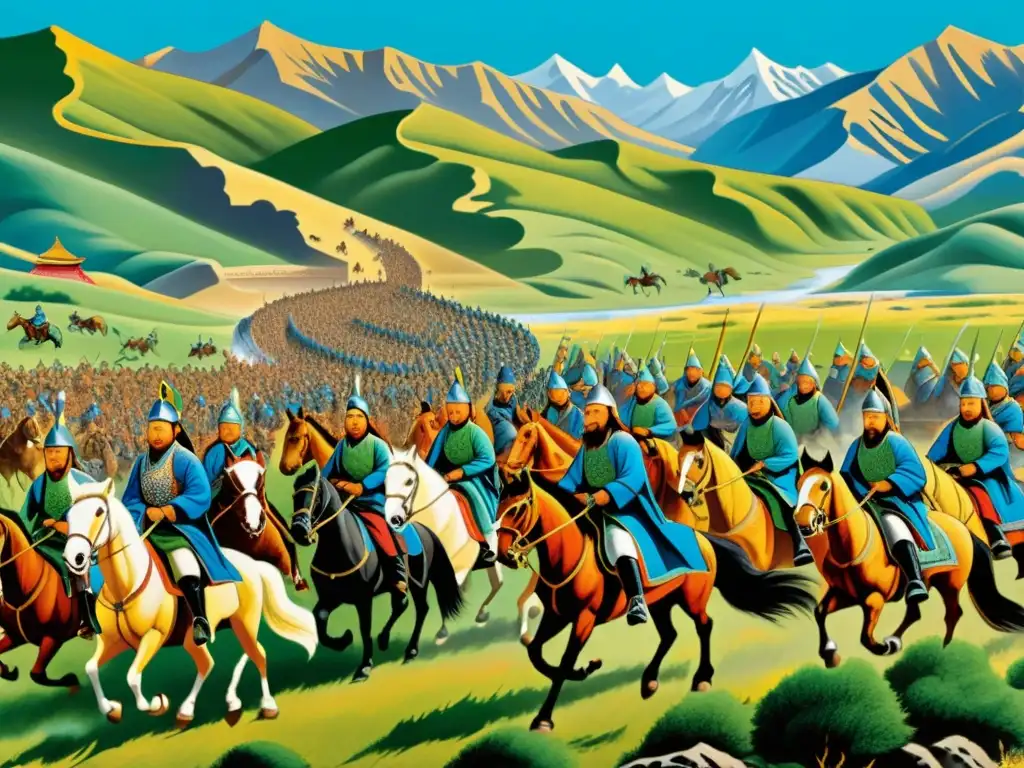 Una pintura detallada y vibrante muestra a la gran horda mongola a caballo, con Genghis Khan liderando la carga