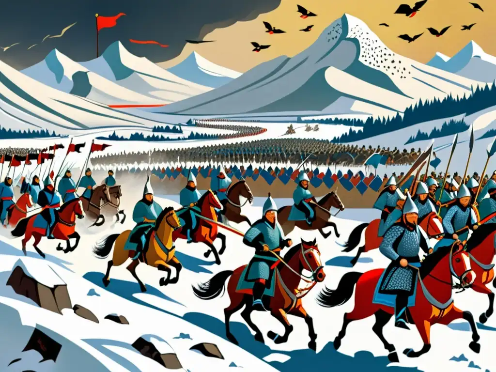 Pintura del legado de Genghis Khan en Europa del Este: batalla feroz entre guerreros mongoles y defensores rusos en un paisaje nevado