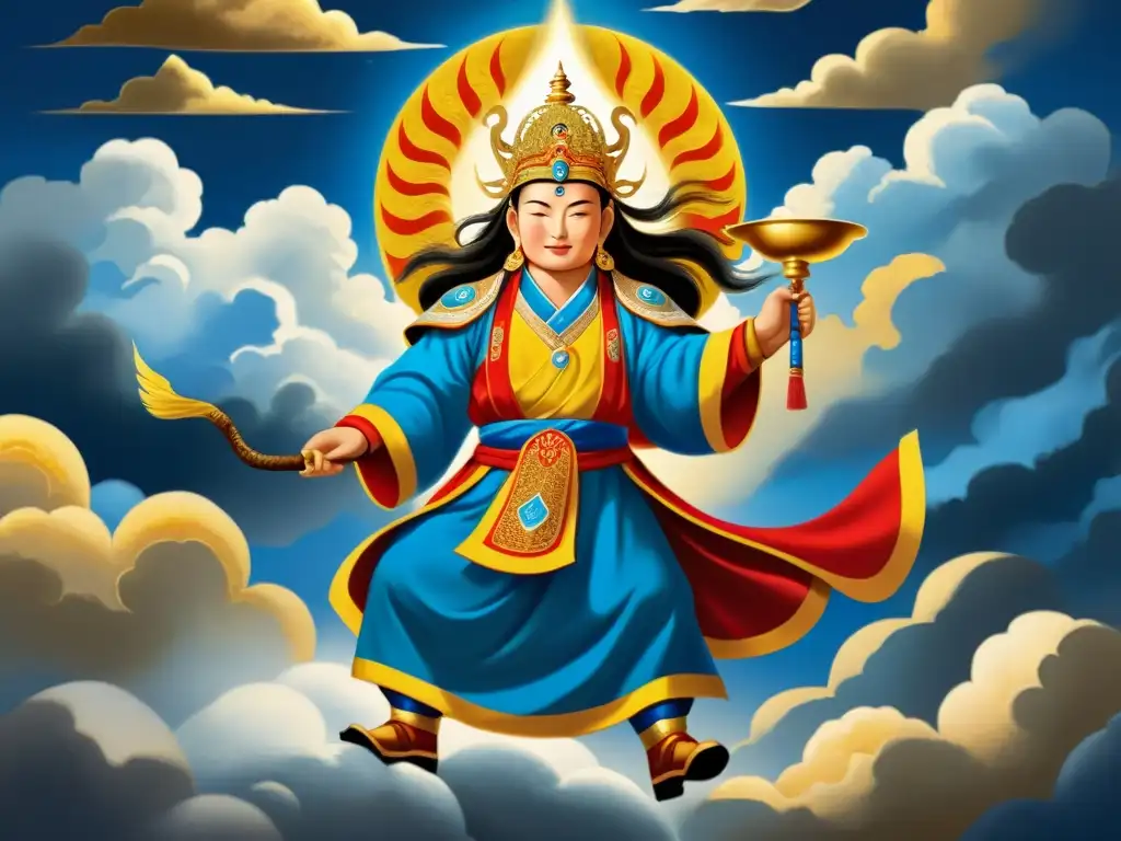 Pintura majestuosa del dios del cielo mongol Tengri, rodeado de nubes y luz dorada, reflejando la historia y folclore del Imperio Mongol