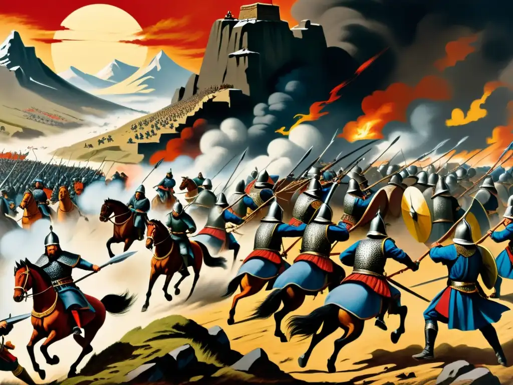 Pintura de la resistencia feroz de guerreros europeos contra invasiones mongolas en Europa del Este, mostrando batallas intensas y determinación