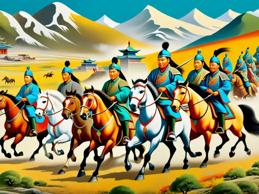 Una pintura tradicional mongola retratando el legado de los khaans mongolas con detalles vibrantes y escenas cautivadoras