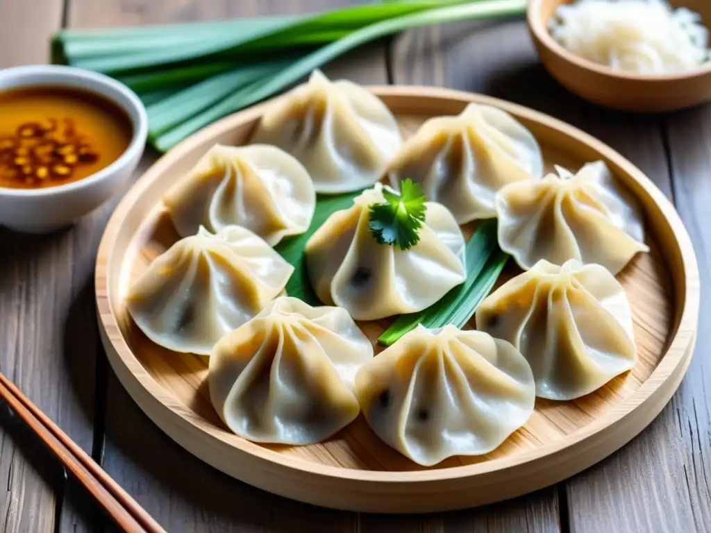 Platos tradicionales del Imperio Mongol: Deliciosos buuz, dumplings mongolas, en plato rústico con vapor y chives frescos