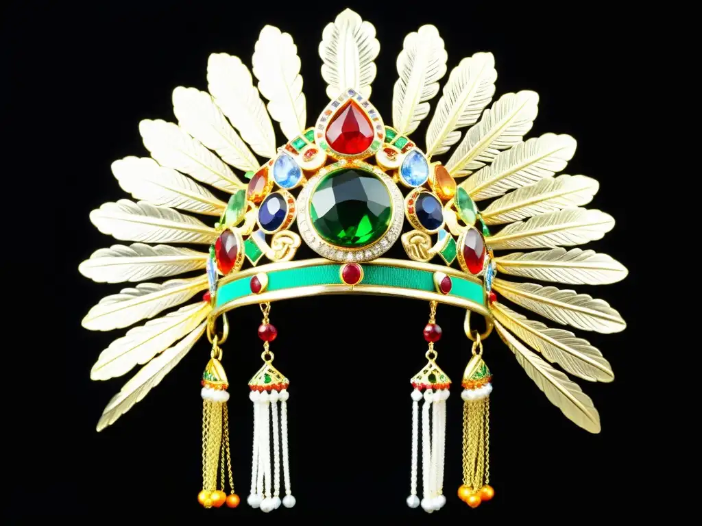 Joyería tradicional mongola de poder y riqueza: headdress de metales preciosos y gemas en un fondo de terciopelo negro