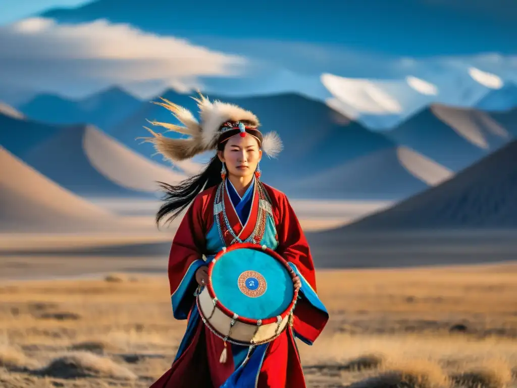 Una poderosa mujer chaman mongol en la vasta estepa, rodeada por las majestuosas montañas Altai, exudando fuerza y sabiduría