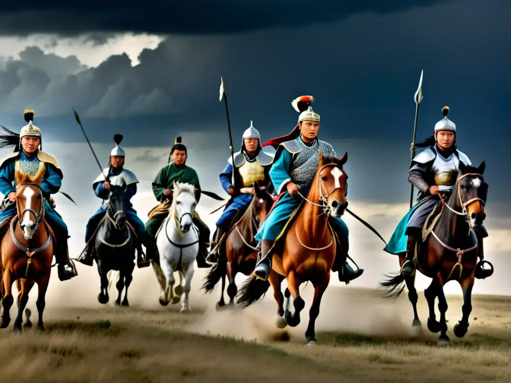 Un poderoso ejército de guerreros mongoles a caballo, con tácticas militares Imperio Mongol, galopando con determinación bajo un cielo tormentoso