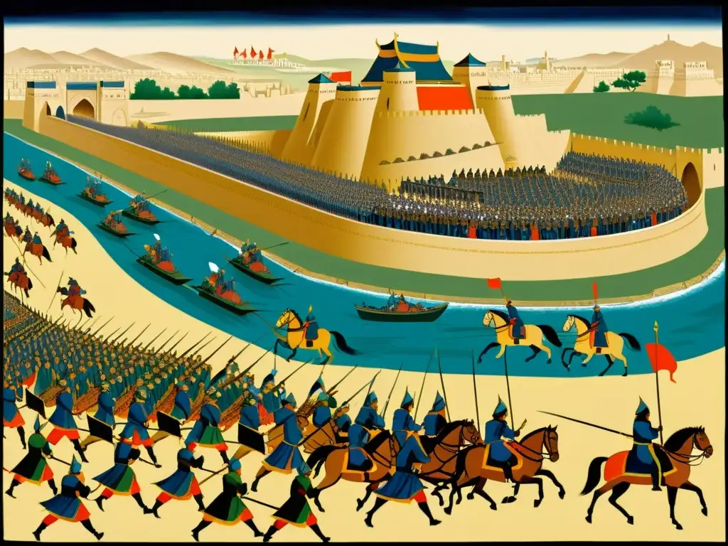 El poderoso ejército mongol de Hulagu Khan asedia la ciudad de Bagdad, mostrando el choque entre el Imperio Mongol y la cultura islámica