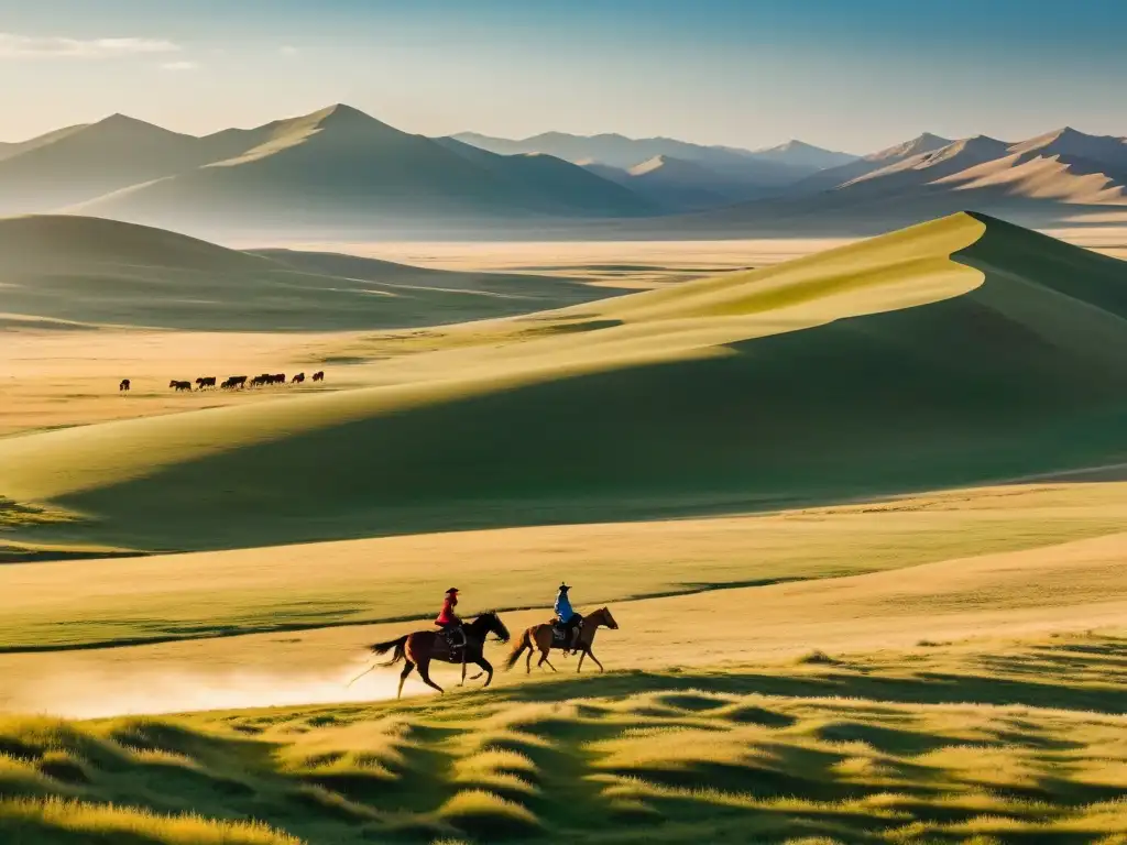 Un poema nómada en el corazón del Imperio Mongol, con un solitario jinete a caballo en la vasta estepa dorada