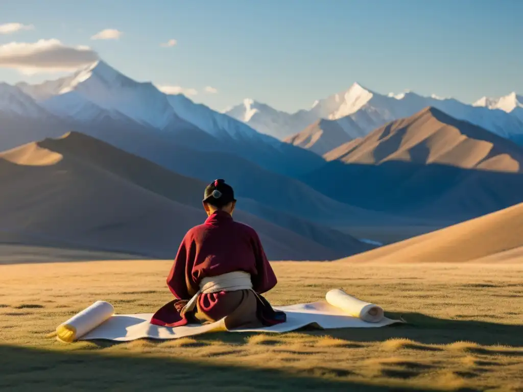 Un poeta mongol escribe poesía al atardecer, fusionando budismo y arte en un paisaje sereno