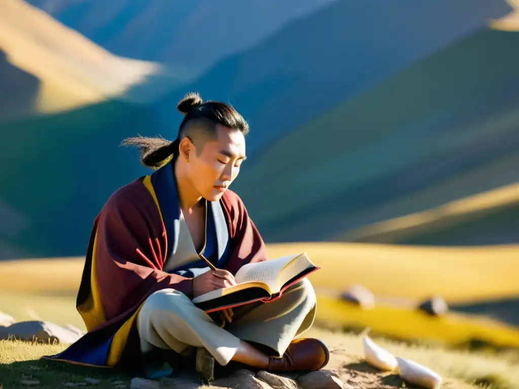 Un poeta mongol contemplativo se sienta en un paisaje montañoso, rodeado de banderas de oración