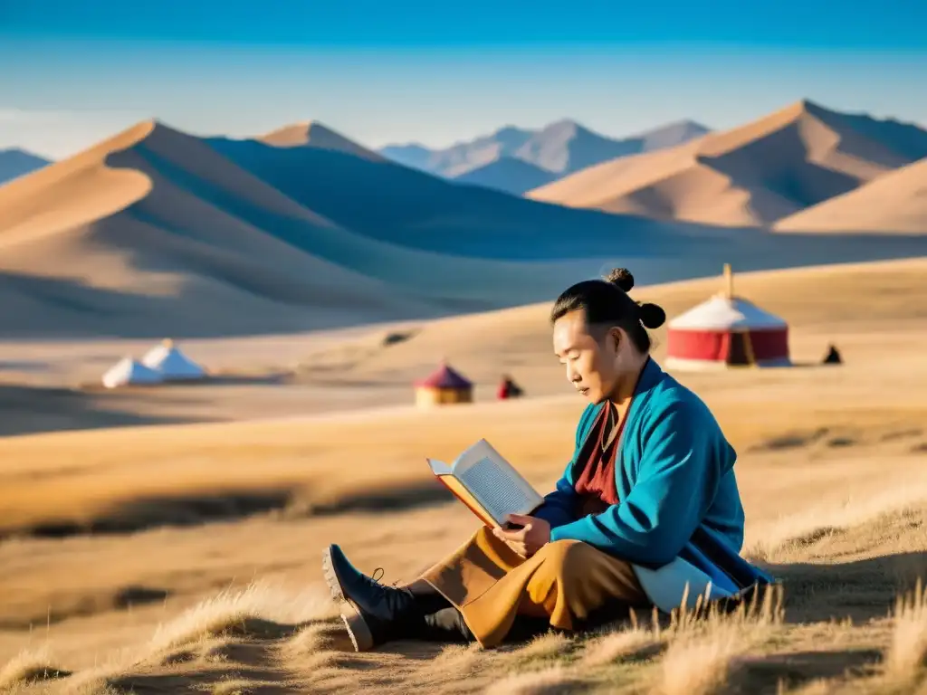 Un poeta mongol contemplativo se sienta en la vasta estepa, rodeado de colinas y montañas, sosteniendo un libro de poesía