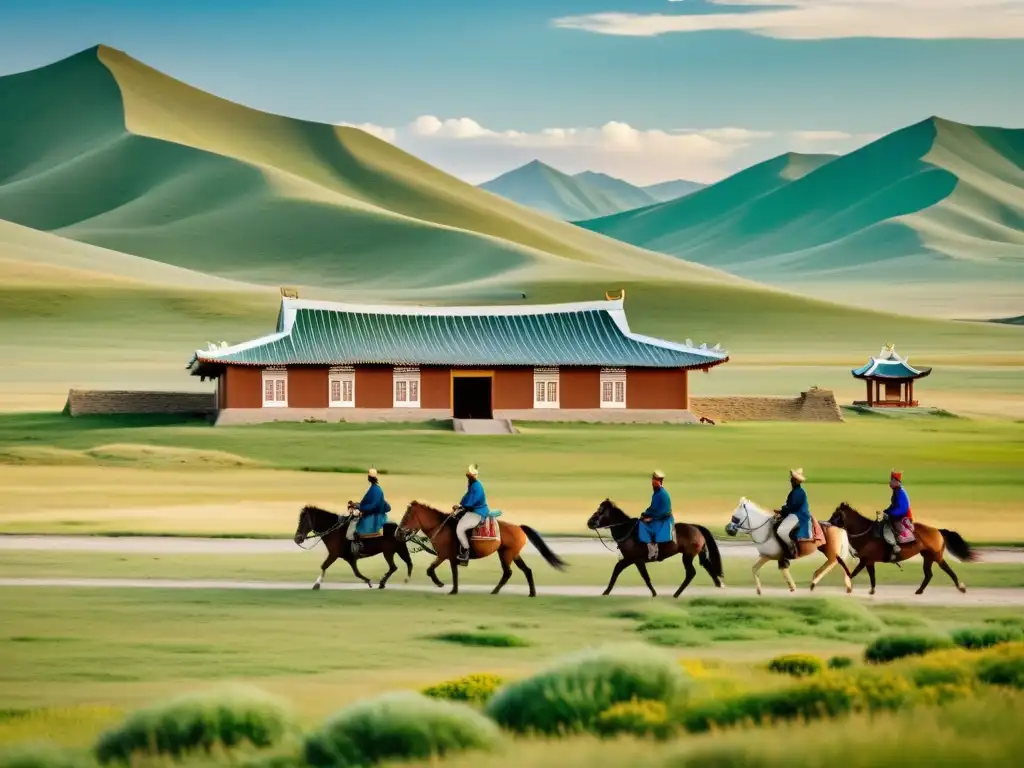 Estación postal mongol en Asia, con jinetes entregando correo en paisaje histórico y detallada arquitectura