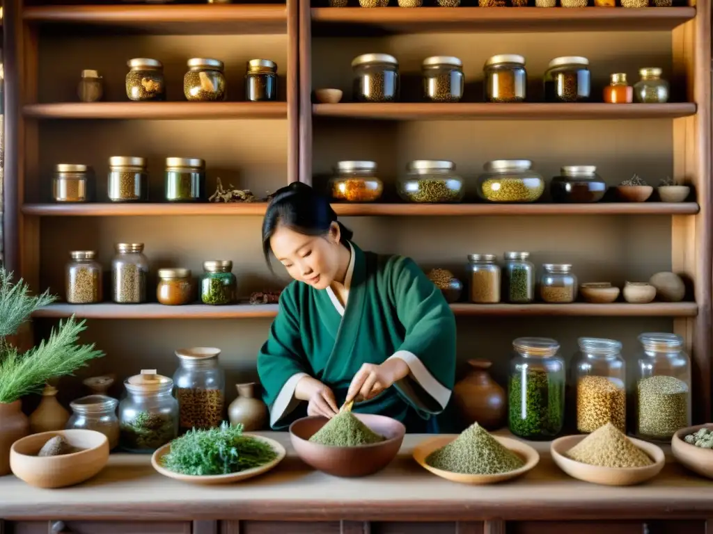 Un practicante de medicina tradicional mongola selecciona hierbas y ingredientes naturales en un entorno auténtico y cálido