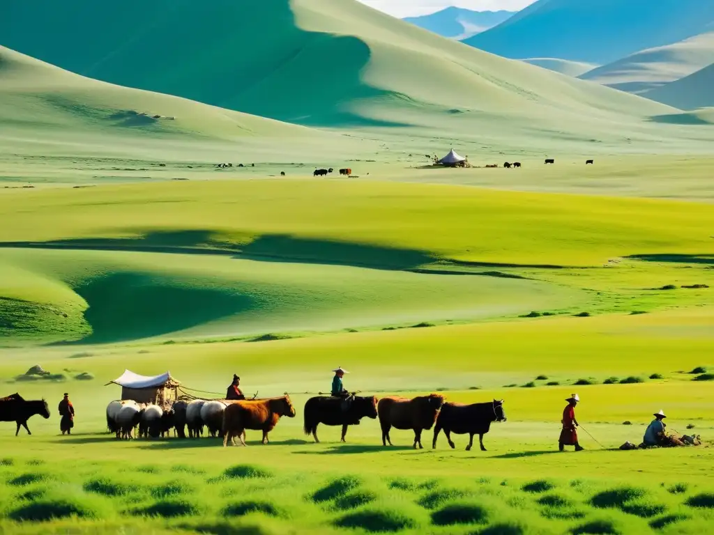 Prácticas agrícolas del Imperio Mongol: paisaje amplio con pastizales, pastores nómadas y rebaños en las estepas de Mongolia