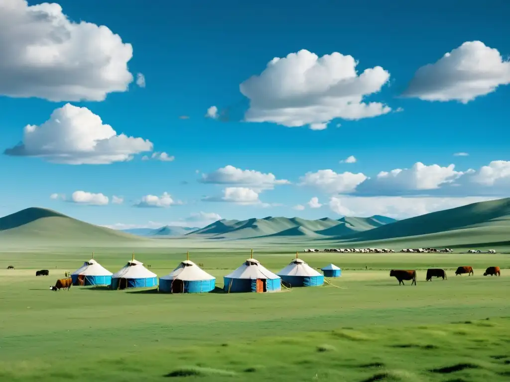 Prácticas agrícolas mongolas impacto tierra: Hermosa estepa mongola con yurtas tradicionales y granjas sostenibles en armonía con la naturaleza