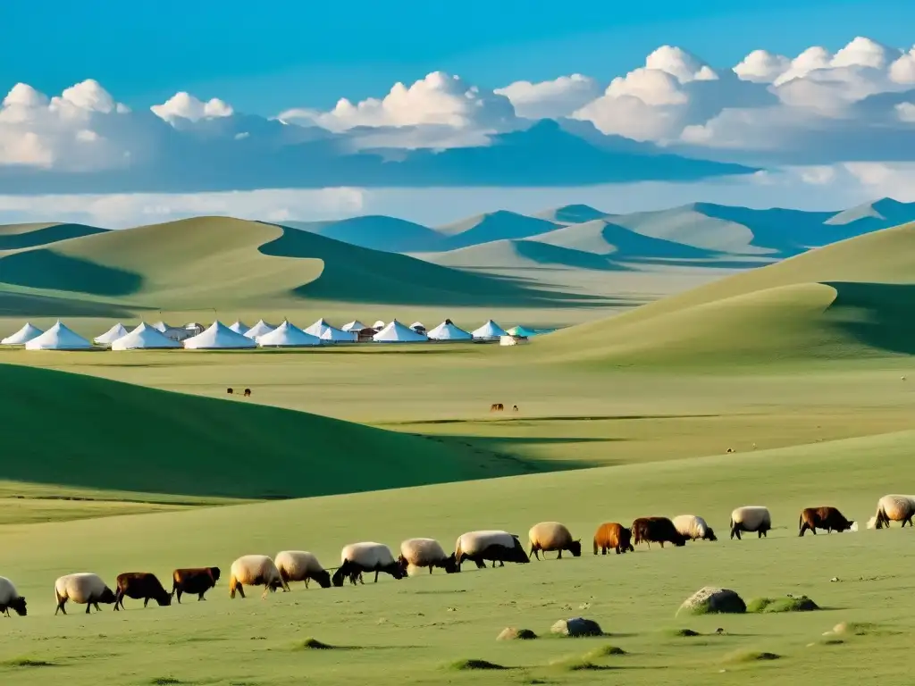 Prácticas agrícolas mongolas impacto tierra: Panorama de las vastas estepas de Mongolia, con pastores y yurtas tradicionales