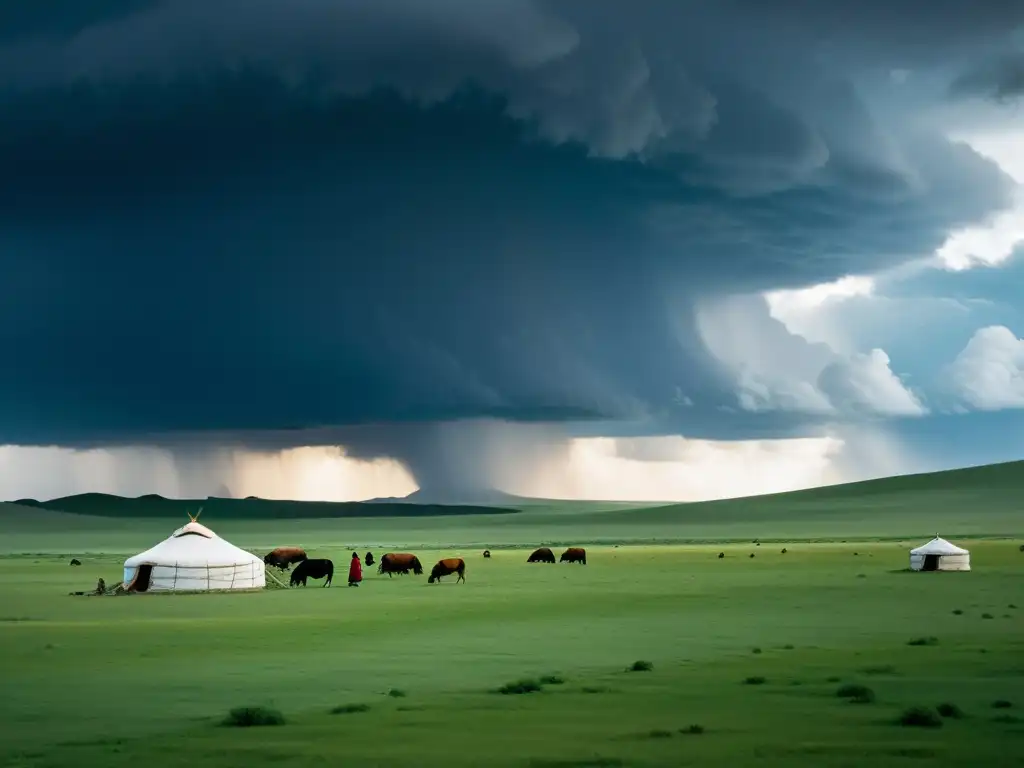 Prácticas agrícolas mongolas impacto tierra: Pastores en la estepa, yurtas y tormenta inminente