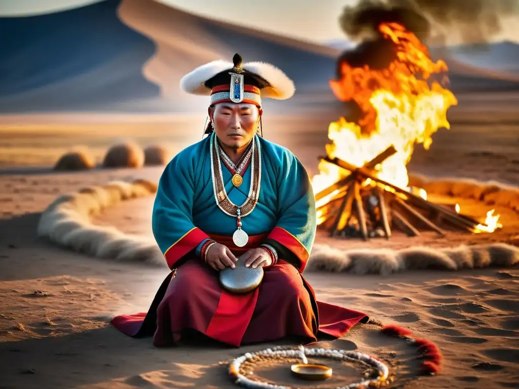 Prácticas chamánicas en estrategias mongolas: ceremonia mística en las estepas con chaman mongol, fuego y montañas al atardecer