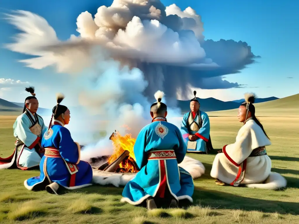 Prácticas chamánicas en Mongolia: Grupo de chamanes realizando un ritual en la estepa, con vestimenta tradicional y fuego ceremonial