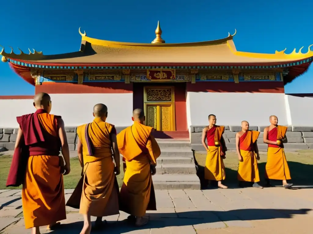 Prácticas espirituales budistas en Mongolia: Monjes en saffron frente a templo tradicional, con paisaje sereno al atardecer