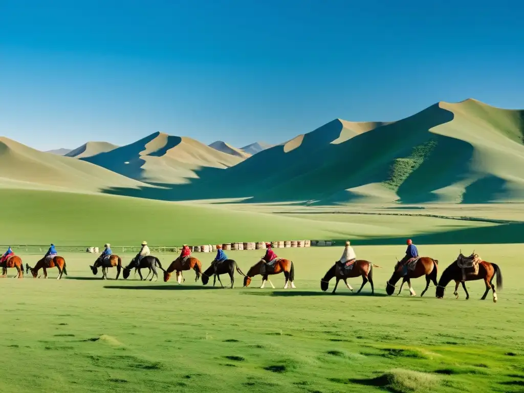 Prácticas de conservación mongolas naturaleza: Familia nómada mongola atiende a sus caballos en un paisaje verde y vasto bajo el cielo azul