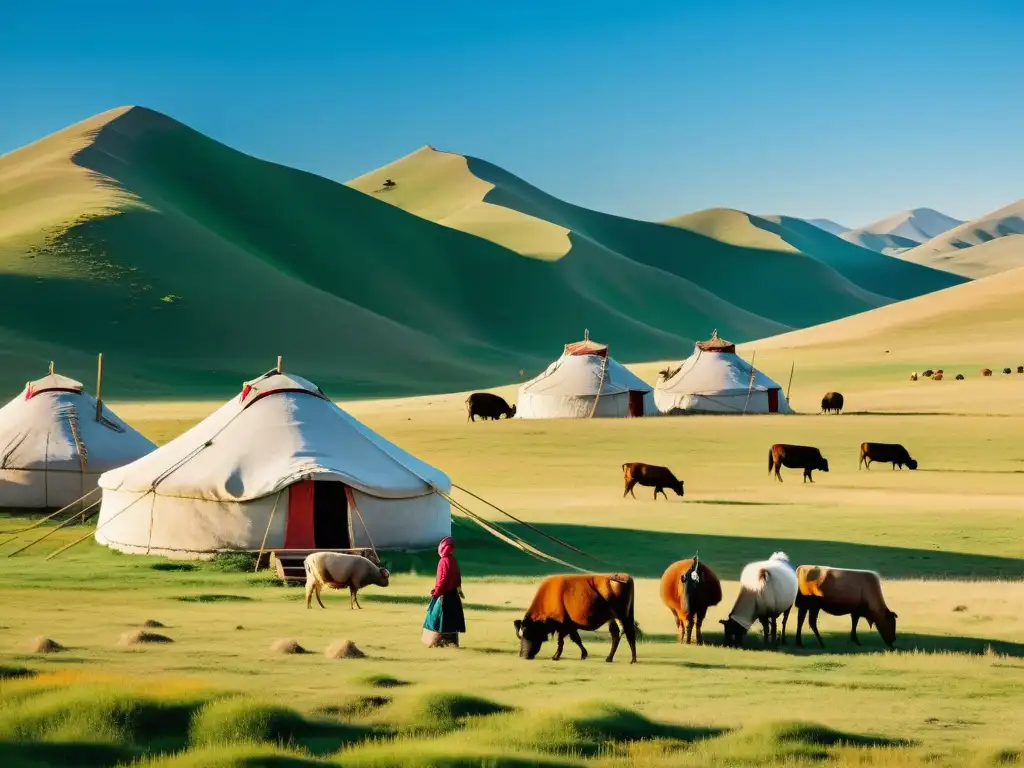 Prácticas de conservación mongolas naturaleza: Familia nómada mongola cuidando de su ganado en la vasta estepa mongola, rodeada de colinas y yurtas