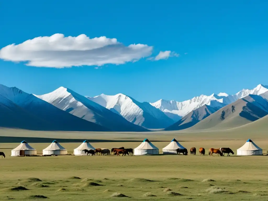 Prácticas de conservación mongolas naturaleza: Hermosa pradera con caballos salvajes, antílopes, montañas nevadas y nómadas disfrutando la armonía