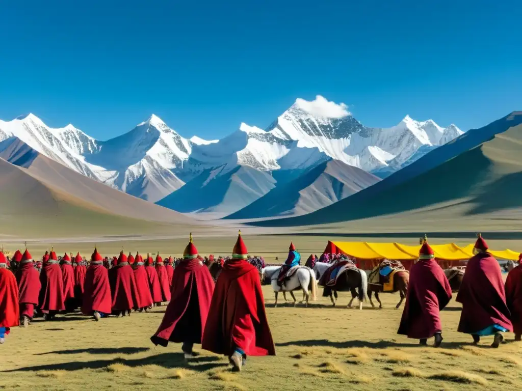 Prados tibetanos con monjes en ceremonia y guerreros mongoles a caballo