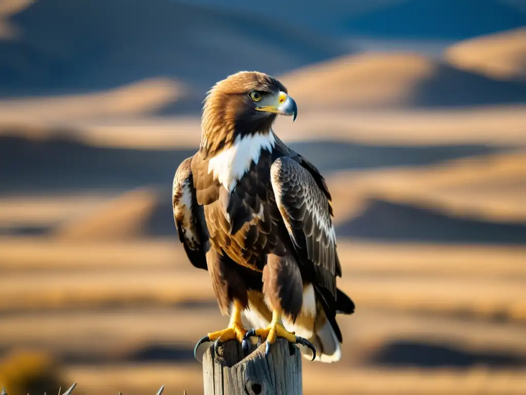 Un águila de las estepas premongolas, majestuosa y formidable, observa la biodiversidad de la vasta estepa dorada de Mongolia