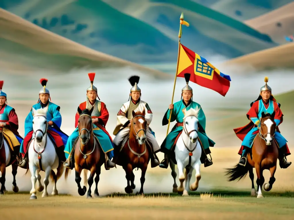 Una procesión de guerreros mongoles a caballo, llevando majestuosos estandartes con símbolos de poder en Mongolia, en un paisaje vasto y evocador