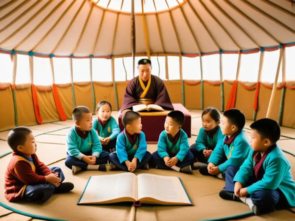 Un profesor mongol lidera una lección de formación de líderes en una yurta, rodeado de libros