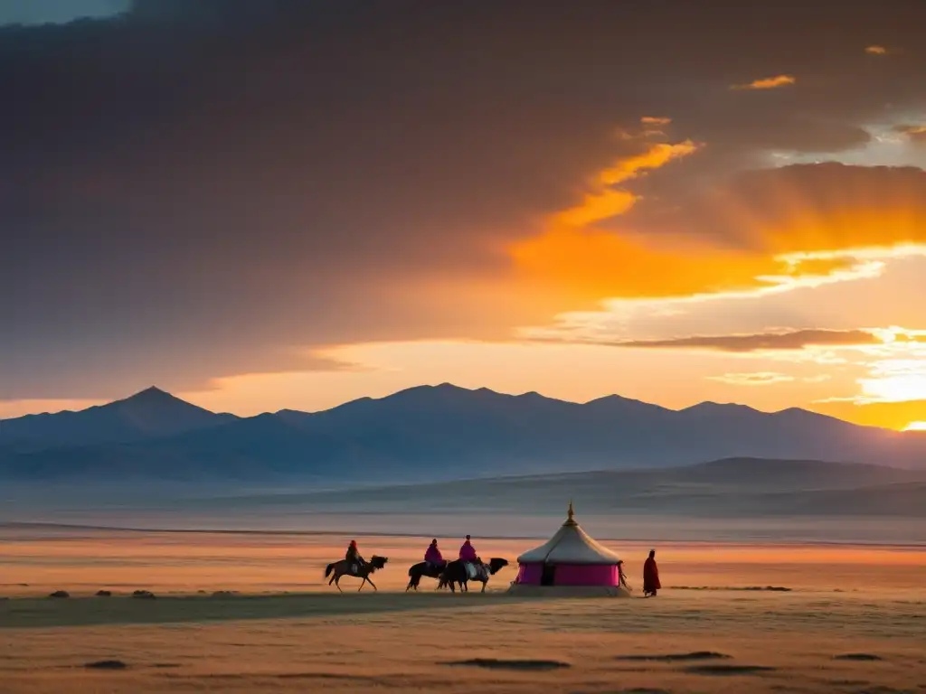 Puesta de sol sobre la expansiva estepa mongola, con un templo budista y rituales tradicionales, reflejando la expansión del budismo en Mongolia