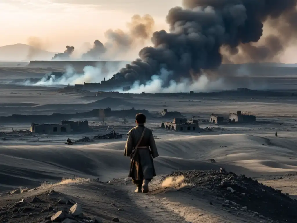 Desolación tras invasión mongol, tierra quemada, humo y ruinas, figura solitaria