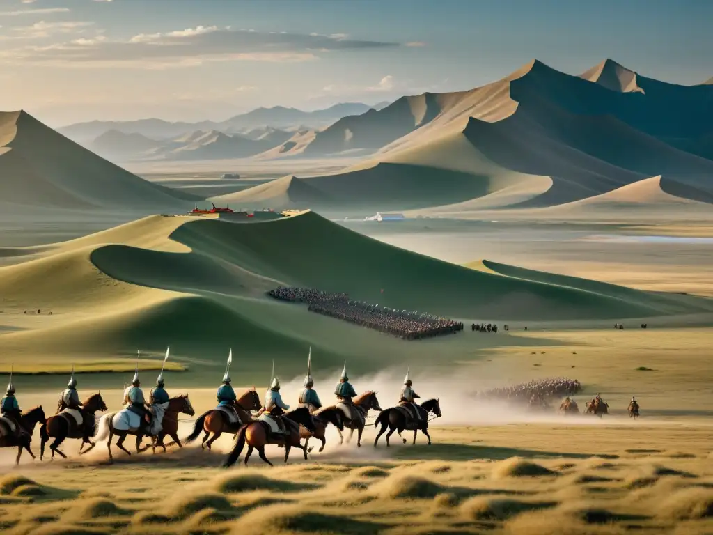 Realidad aumentada historia Imperio Mongol: Imagen de una batalla mongola con soldados a caballo, tiendas y vasto paisaje