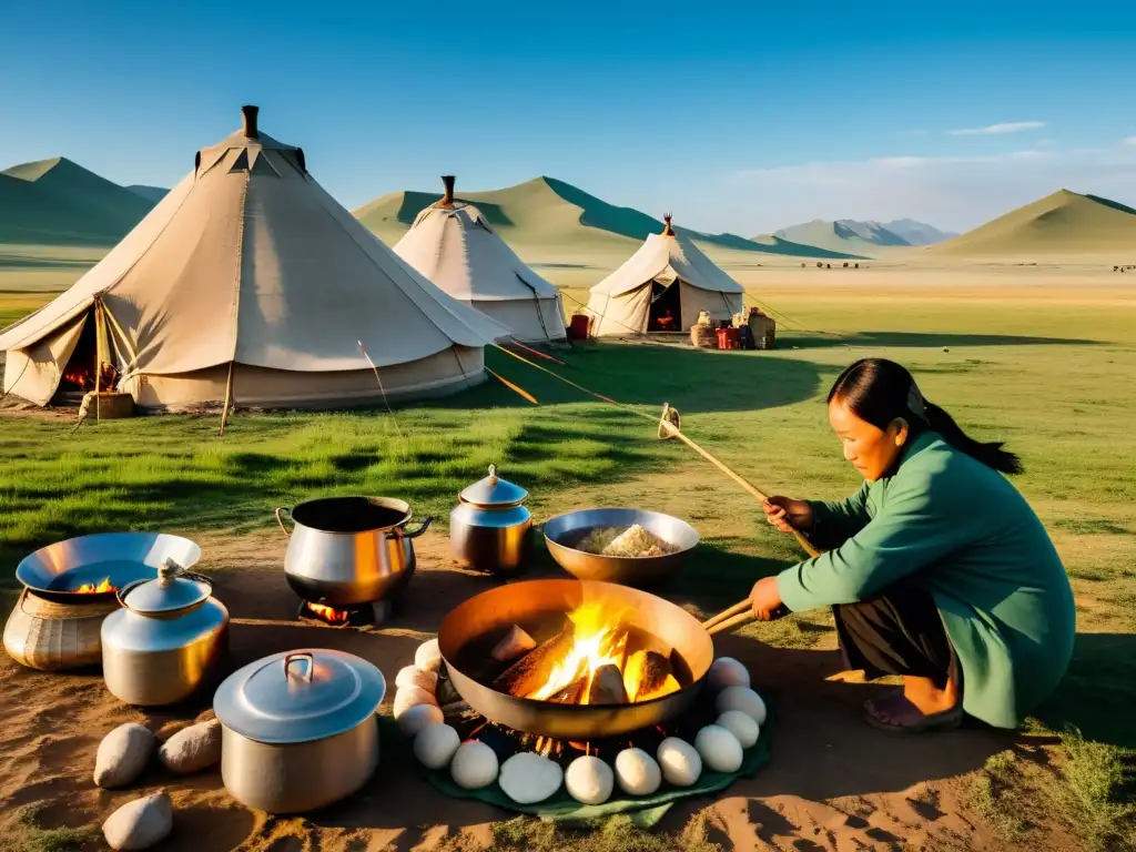 Recetas tradicionales cocina nómada Mongolia: Familia preparando buuz en la estepa al atardecer