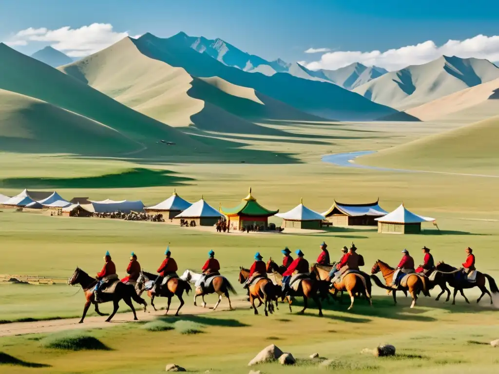 Un recorrido visual por el sistema postal mongol en la antigüedad, con mensajeros a caballo, estaciones y paisajes diversos