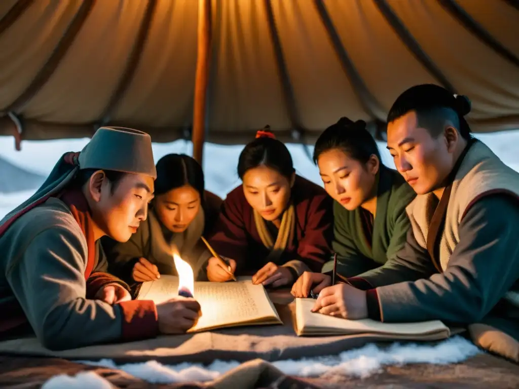 Red de espionaje mongol: Grupo de espías mongoles en yurta iluminada por velas, estudiando mapas y documentos secretos mientras cae la nieve afuera