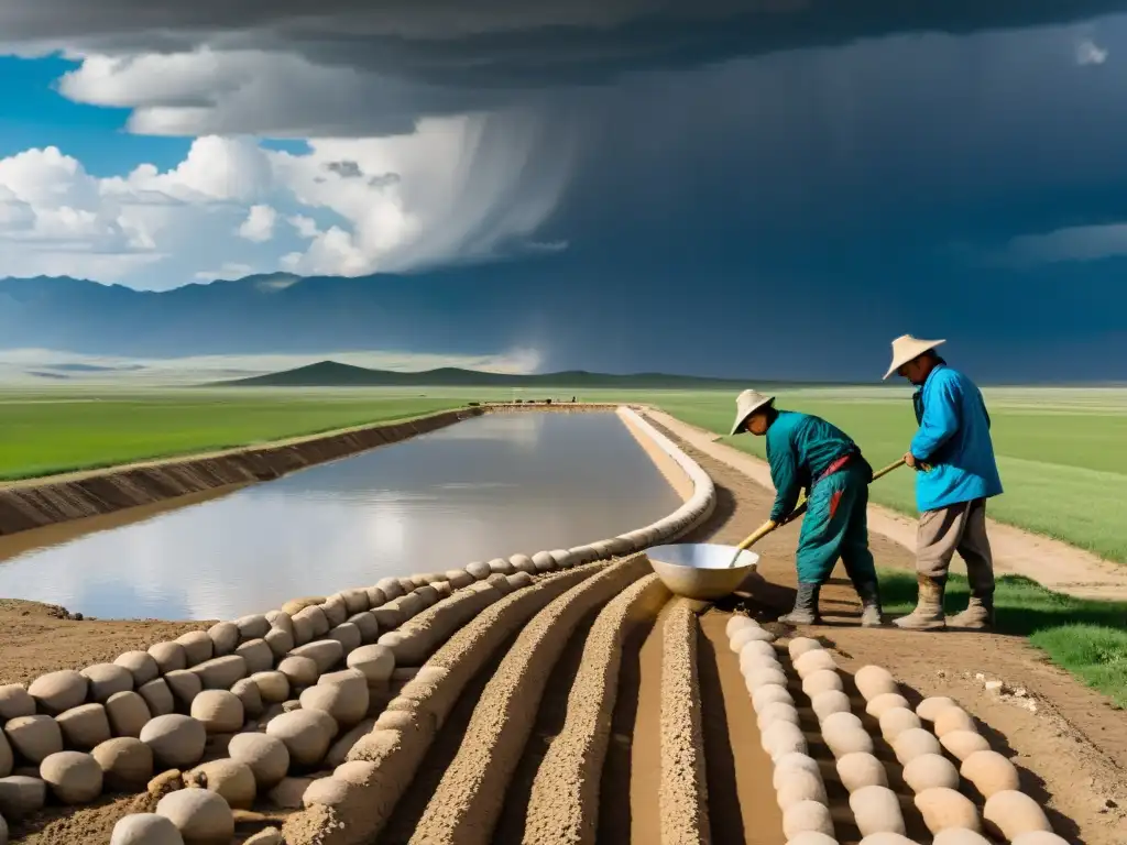 Ingeniería mongola: construcción de red de riego en la estepa bajo un cielo tormentoso, mostrando innovaciones tecnológicas y resiliencia