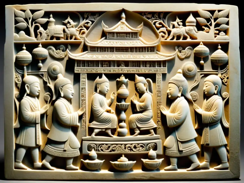 Relieve de piedra muestra sincretismo religioso en Imperio Mongol, con escenas de oración y rituales budistas y chamanistas