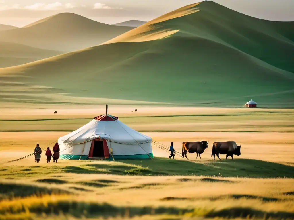 Resilientes tradiciones nómadas en Mongolia frente al cambio climático, con una familia yurt en la vasta estepa bañada por la luz dorada