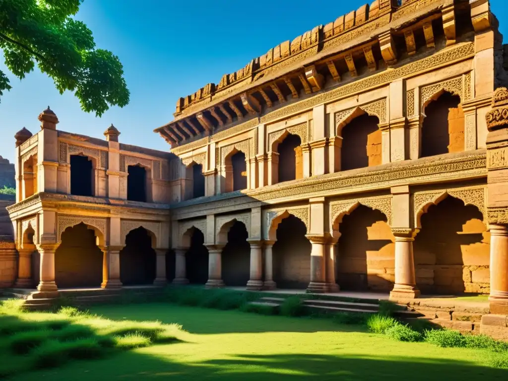 Ruinas majestuosas de un palacio indio, legado de la invasión mongola Los restos de un majestuoso palacio indio, con intrincados detalles arquitectónicos, rodeados de exuberante vegetación y cielo azul