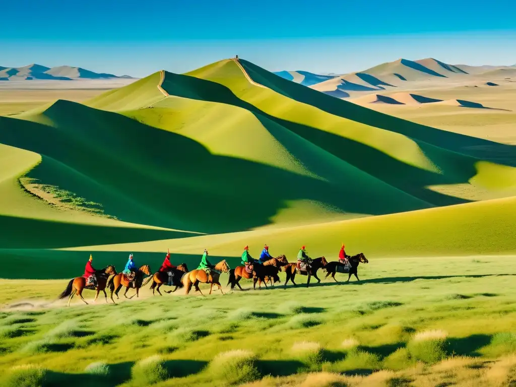 Retirada mongola de Europa causas: Hermosa estepa mongola con jinetes a caballo en trajes tradicionales, bajo cielo azul