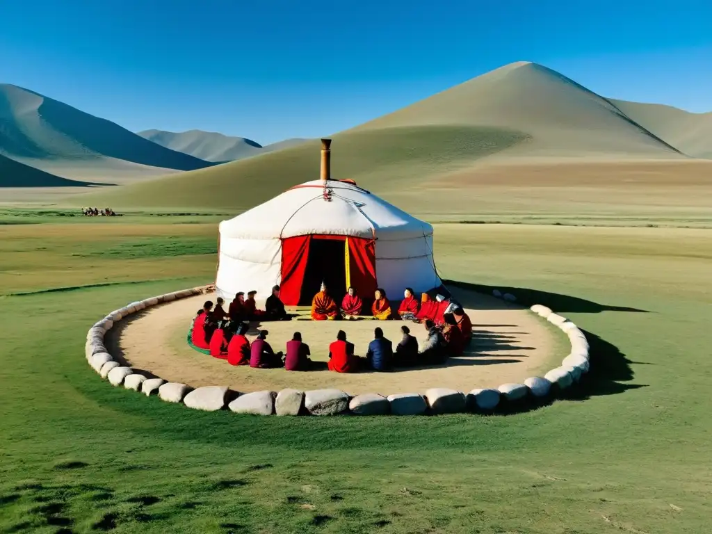 Retiro espiritual en las antiguas estepas de Mongolia: personas en trajes tradicionales realizan una ceremonia, rodeados de naturaleza y paz