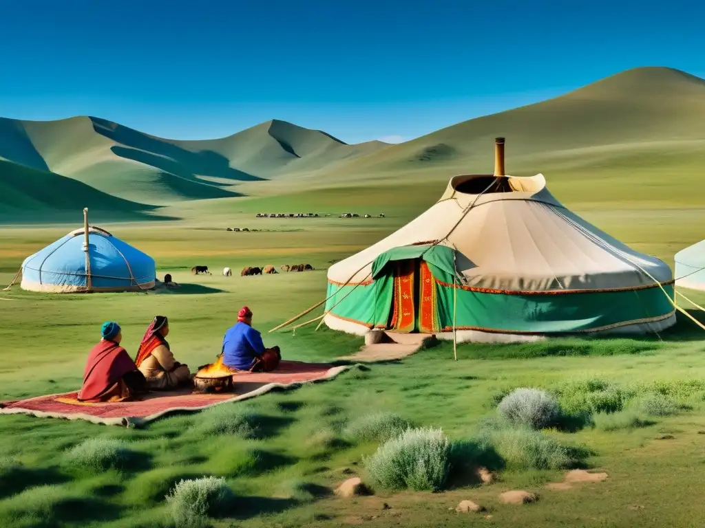 Retiro espiritual en Mongolia: Paisaje de la estepa mongola con yurta tradicional y personas en atuendo local alrededor de una fogata