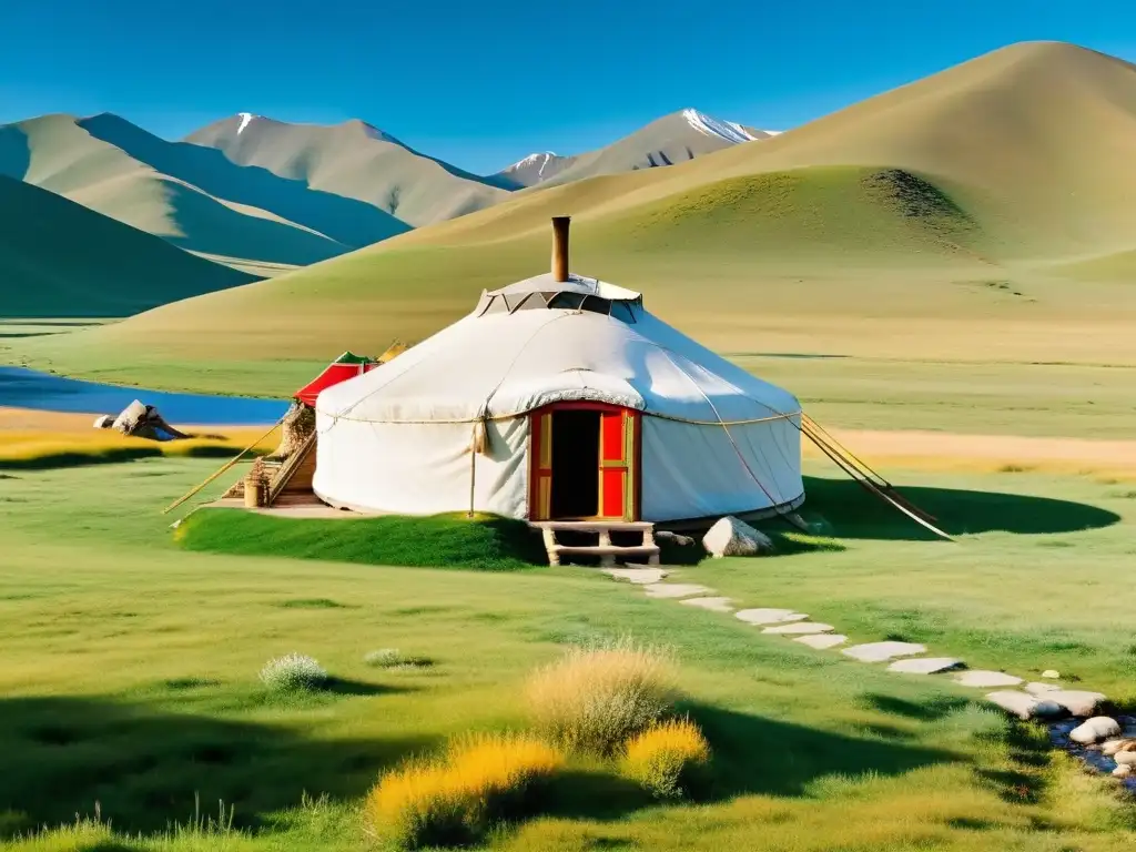 Un retiro espiritual en Mongolia: una yurta tradicional rodeada de naturaleza serena y paisajes pintorescos con montañas nevadas al fondo