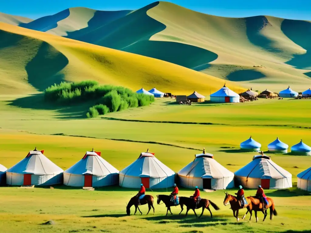 Retiros culturales exploración Imperio Mongol: Fotografía detallada de un campamento tradicional mongol entre las colinas, con actividades y vibrantes colores