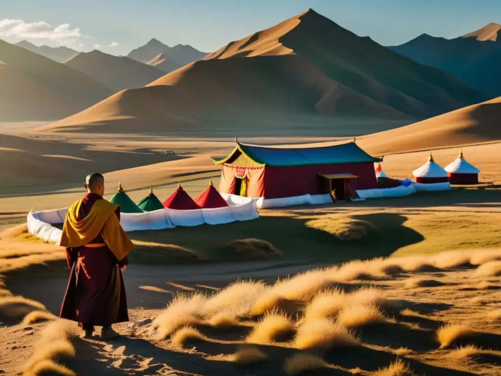 Retiros espirituales en Mongolia: Monasterio aislado en la naturaleza virgen, con monjes en contemplación y coloridas banderas de oración