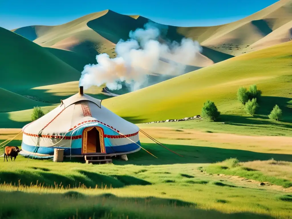 Retiros espirituales en Mongolia: Una yurta tradicional mongola con diseño detallado, rodeada de verdes colinas y cielo azul