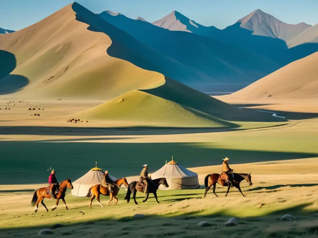 Retiros inspirados tácticas Gengis Khan en la majestuosa estepa mongol, con yurtas, caballos y guerreros a caballo, bañados por la luz dorada